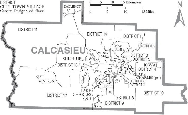 Map: Map of Calcasieu Parish Louisiana with Municipal and District Labels