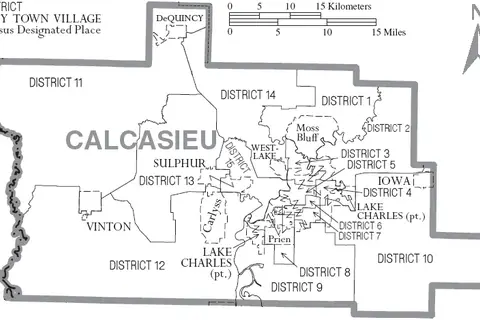 Map: Map of Calcasieu Parish Louisiana with Municipal and District Labels
