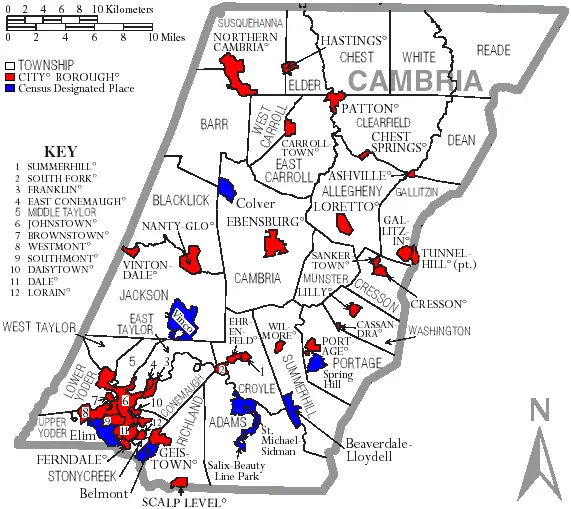 Map: Map of Cambria County Pennsylvania with Municipal and Township Labels