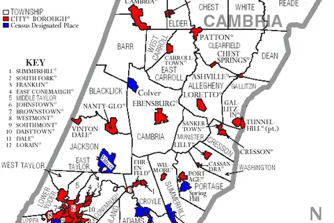 Map: Map of Cambria County Pennsylvania with Municipal and Township Labels