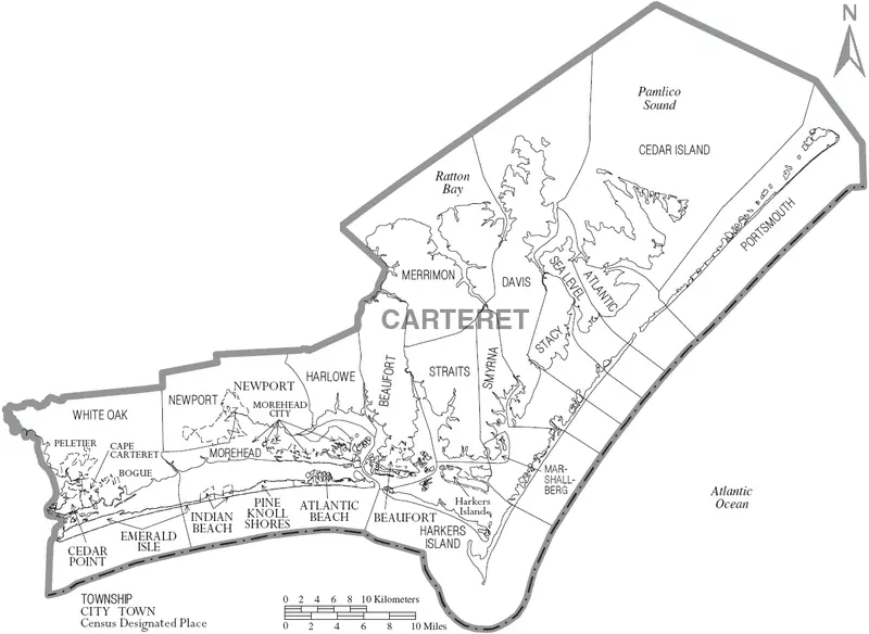 Map: Map of Carteret County North Carolina with Municipal and Township Labels