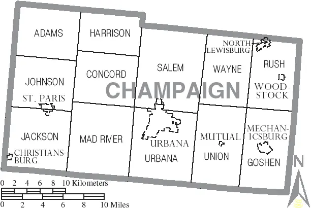 Map: Map of Champaign County Ohio with Municipal and Township Labels