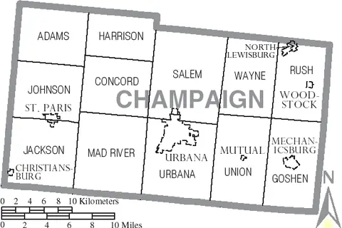 Map: Map of Champaign County Ohio with Municipal and Township Labels