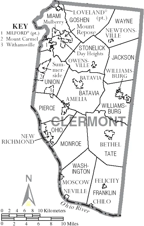Map: Map of Clermont County Ohio with Municipal and Township Labels