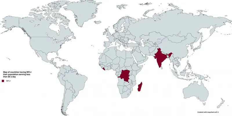 Map: Map of Countries having 99%+ of their population earning less than $5 a day