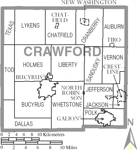 Map: Map of Crawford County Ohio with Municipal and Township Labels