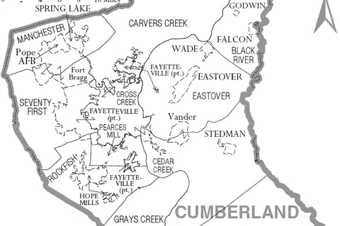 Map: Map of Cumberland County North Carolina with Municipal and Township Labels