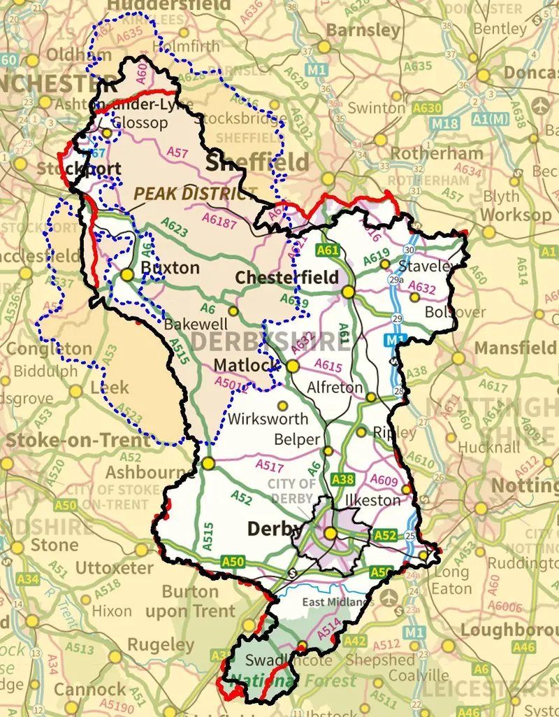 Map: Map of Derbyshire Boundaries Plus Peak District