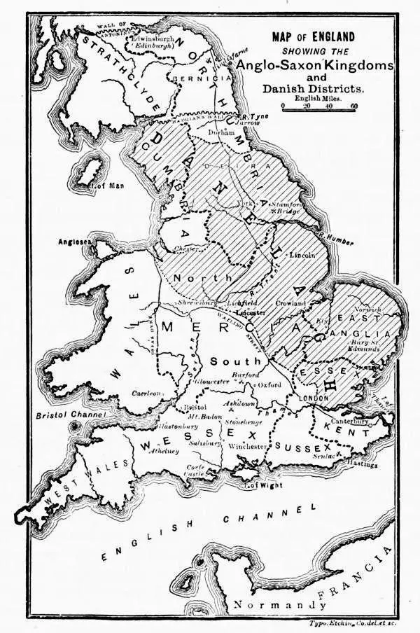 Map: Map of England Showing the Anglosaxon Kingdoms and Danish Districts