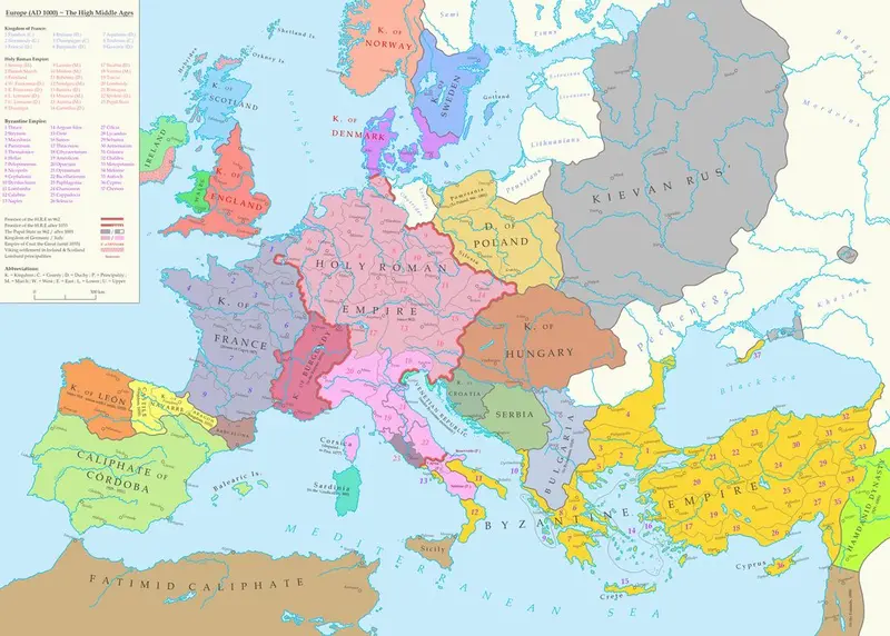 Map: Map of Europe during the High Middle Ages (1000 A.D)