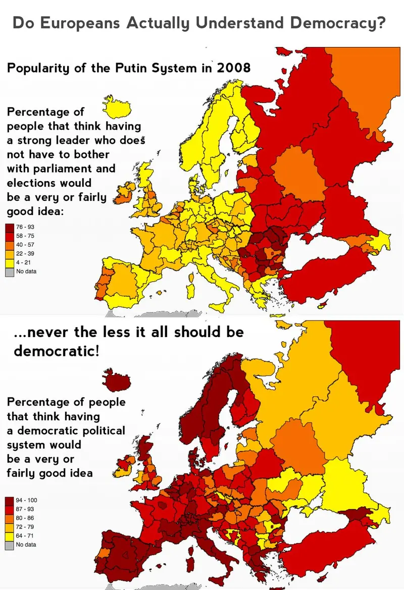 Map: Map of European support for dictatorship and democracy