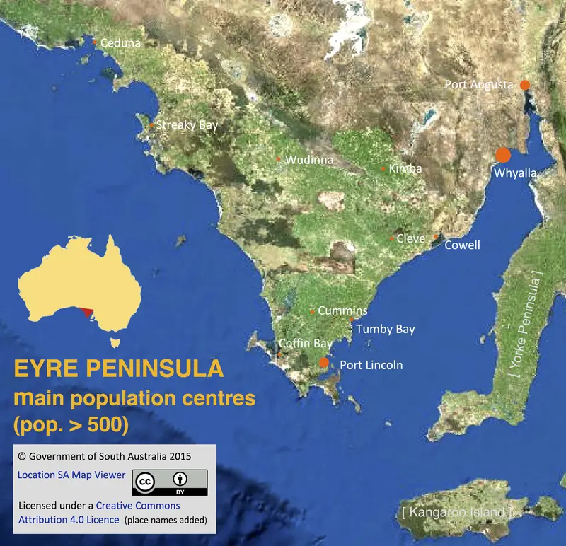 Map: Map of Eyre Peninsula South Australia Showing Places with a Population of More Than 500