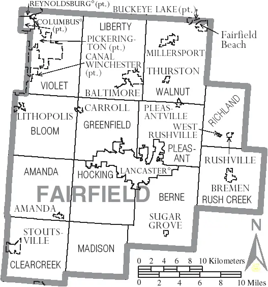 Map: Map of Fairfield County Ohio with Municipal and Township Labels