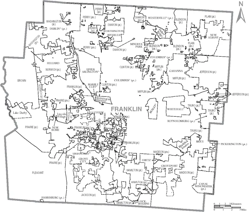 Map: Map of Franklin County Ohio with Municipal and Township Labels