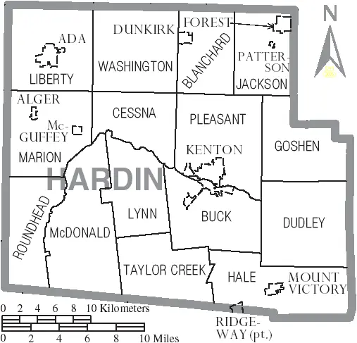 Map: Map of Hardin County Ohio with Municipal and Township Labels