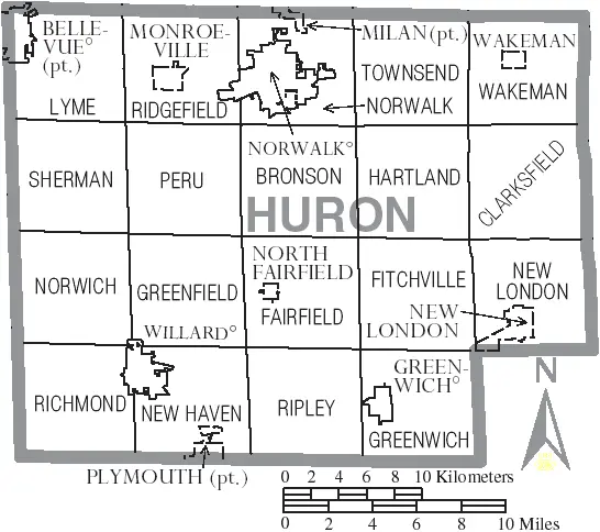 Map: Map of Huron County Ohio with Municipal and Township Labels
