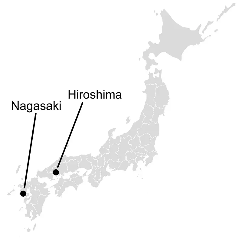Map: Map of Japan Marking Nagasaki and Hiroshima with Text