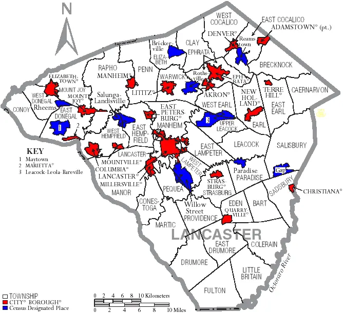 Map: Map of Lancaster County Pennsylvania with Municipal and Township Labels