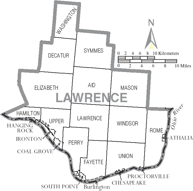 Map: Map of Lawrence County Ohio with Municipal and Township Labels