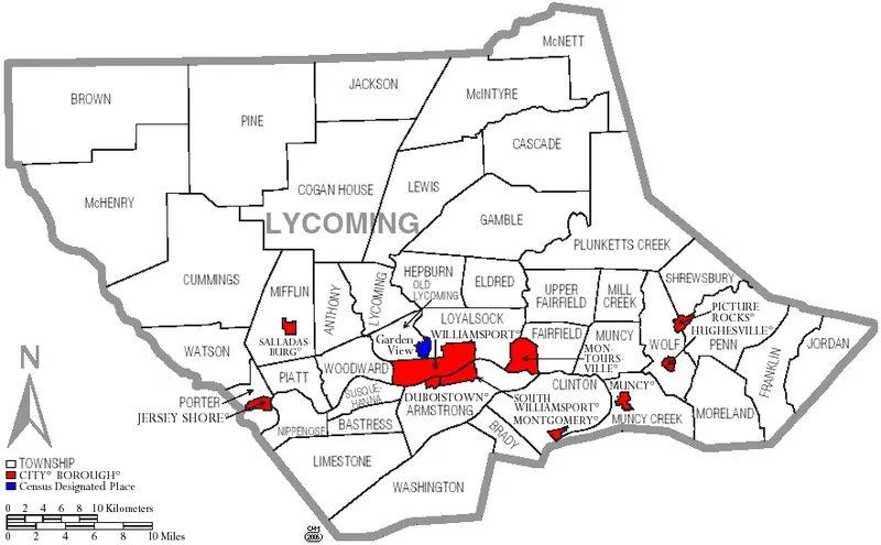Map: Map of Lycoming County Pennsylvania with Municipal and Township Labels