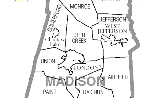 Map: Map of Madison County Ohio with Municipal and Township Labels