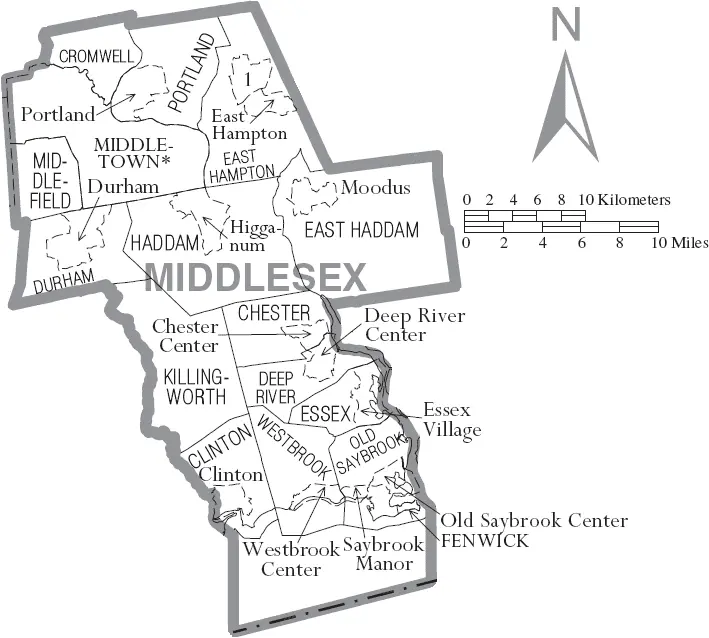 Map: Map of Middlesex County Connecticut with Municipal Labels