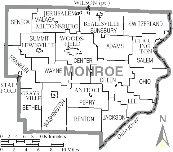 Map: Map of Monroe County Ohio with Municipal and Township Labels