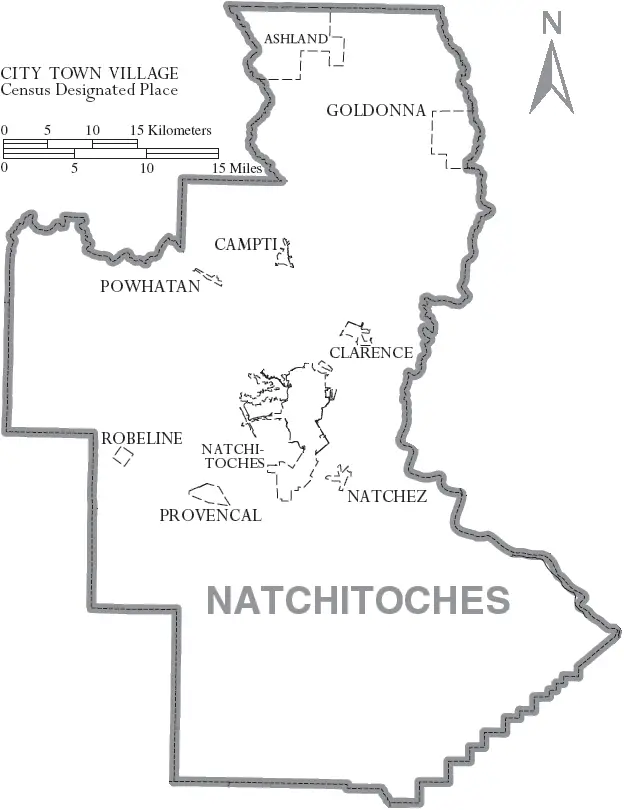Map: Map of Natchitoches Parish Louisiana with Municipal Labels