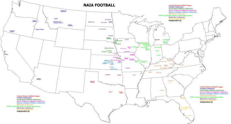 Map: Map of National Association of Intercollegiate Athletics Schools Playing College Football