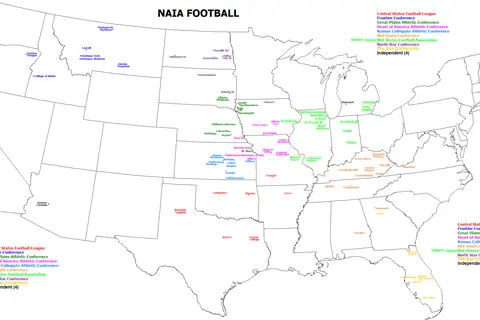 Map: Map of National Association of Intercollegiate Athletics Schools Playing College Football