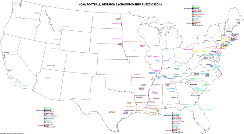 Map: Map of National Collegiate Athletic Association Football Championship Division Iaa Schools