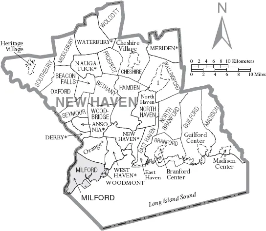 Map: Map of New Haven County Connecticut with Municipal Labels