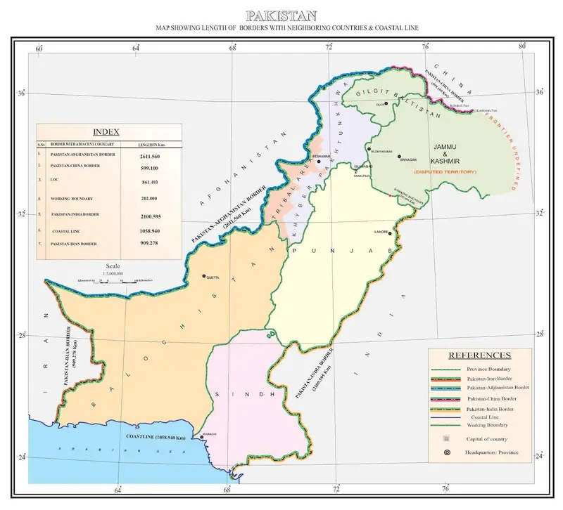 Map: Map of Pakistan Showing Borders Length