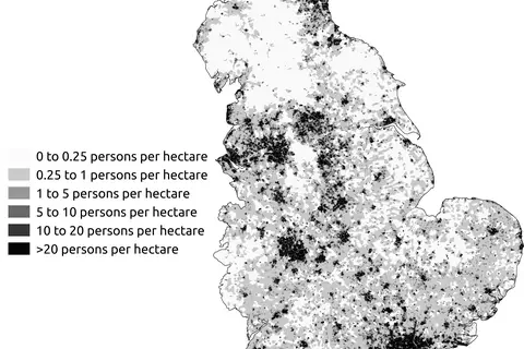 Map: Map of Population Density in England as at the 2011 Census