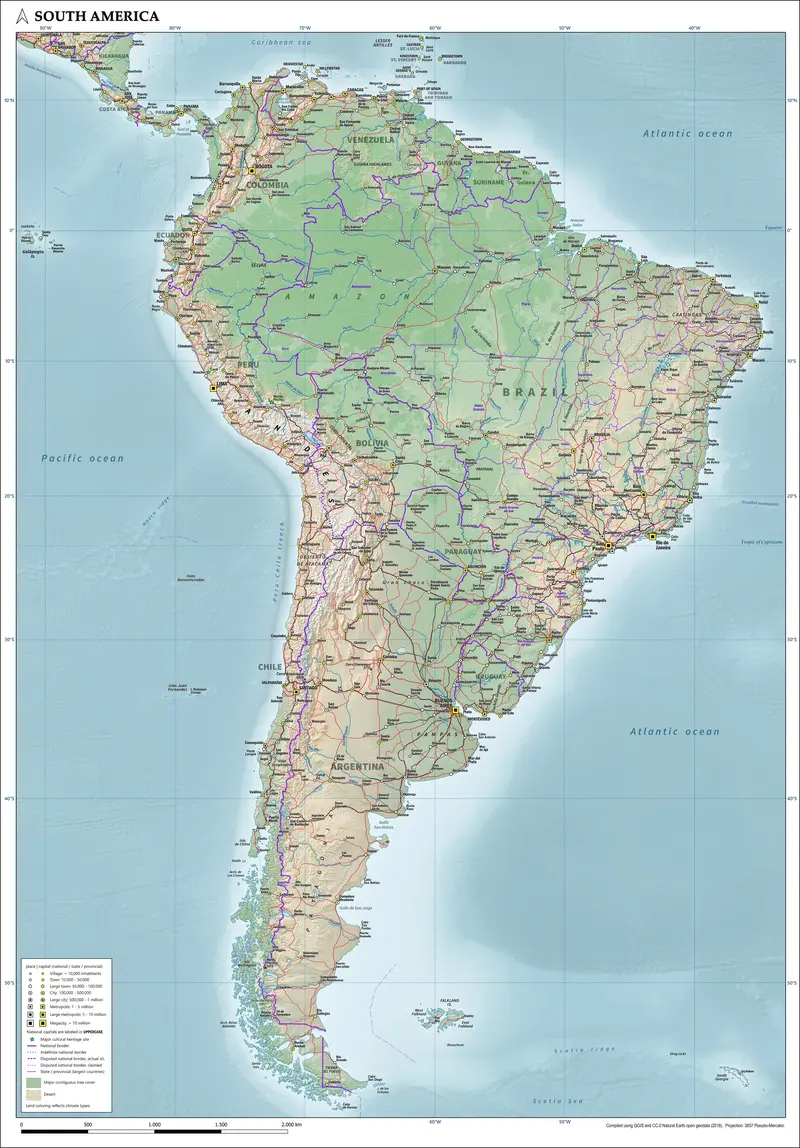 Map: Map of South America Physical Political Population with Legend