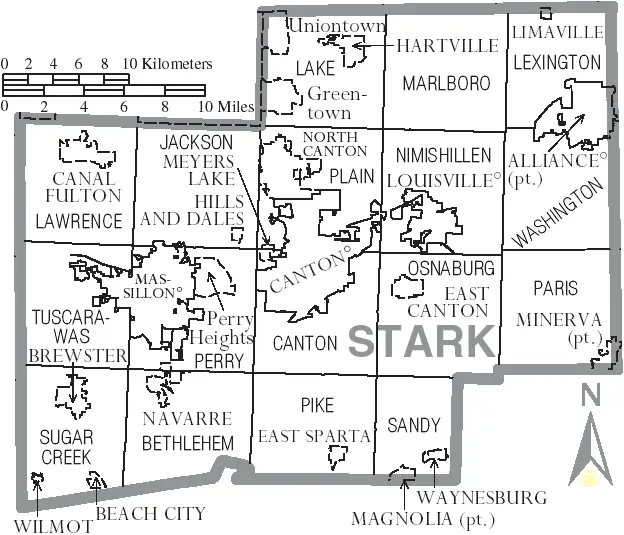 Map: Map of Stark County Ohio with Municipal and Township Labels