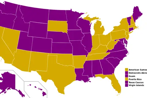 Map: Map of the 2008 Democratic primary results. Purple denotes an Obama win, yellow a Clinton win.