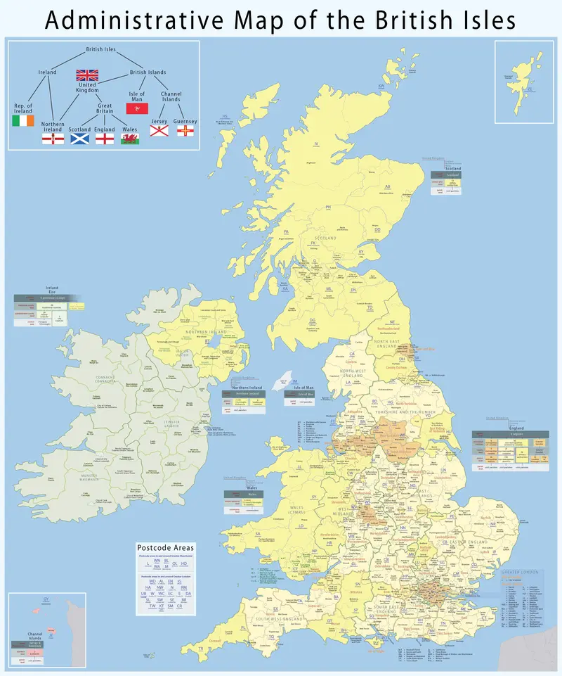 Map: Map of the Administrative Geography of the British Isles with Postcode Areas