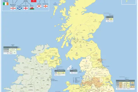 Map: Map of the Administrative Geography of the British Isles with Postcode Areas