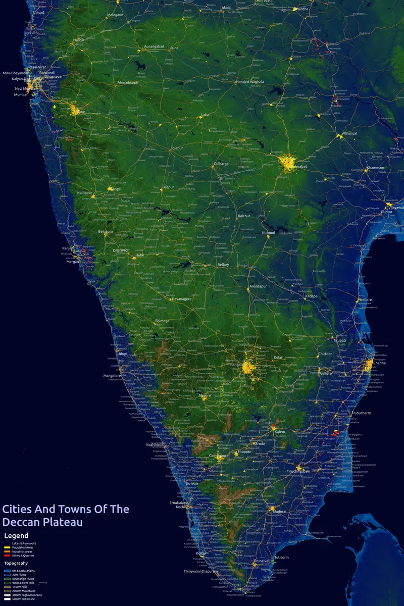 Map: Map of the Cities and Towns in the Deccan Plateau India