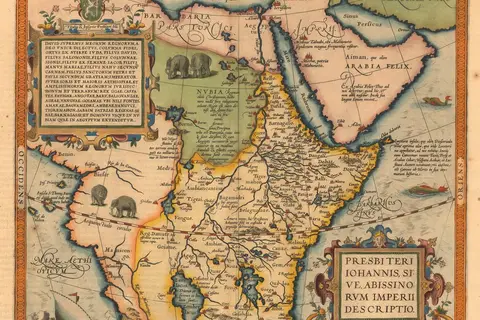 Map: Map of the Kingdom of Prester John, a legendary Christian kingdom with 72 tributary kingdoms. in an area of the world inhabited, among others, by vampires and dog-headed people. It’s supposed existence raised the possibility of a Christian pincer attac