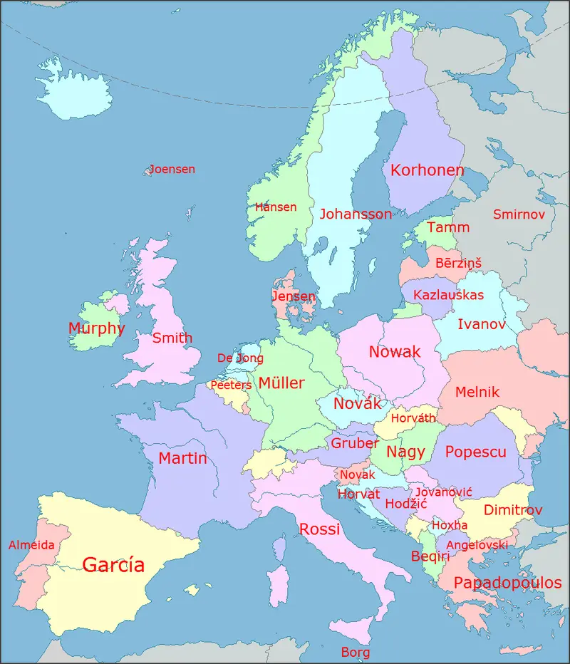 Map: Map of the most common surnames in Europe 2011