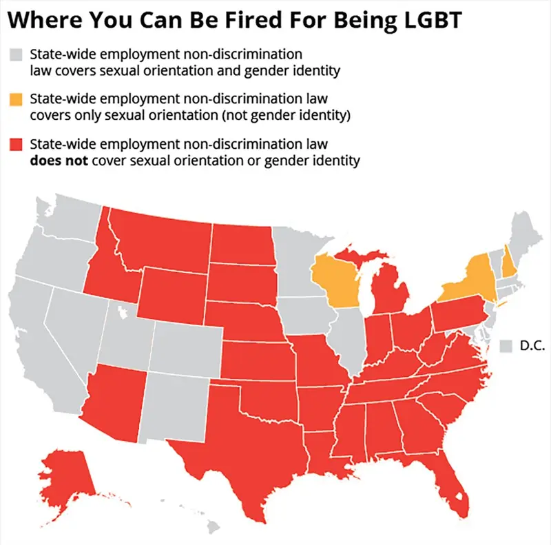 Map: Map of the states where people can be legally fired for their sexual orientation and/or gender identity