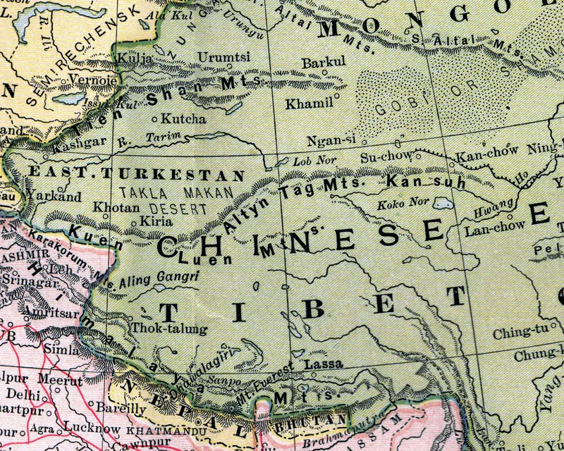 Map: Map of Tibet and East Turkestan from 1904 Map of Asia Cropped
