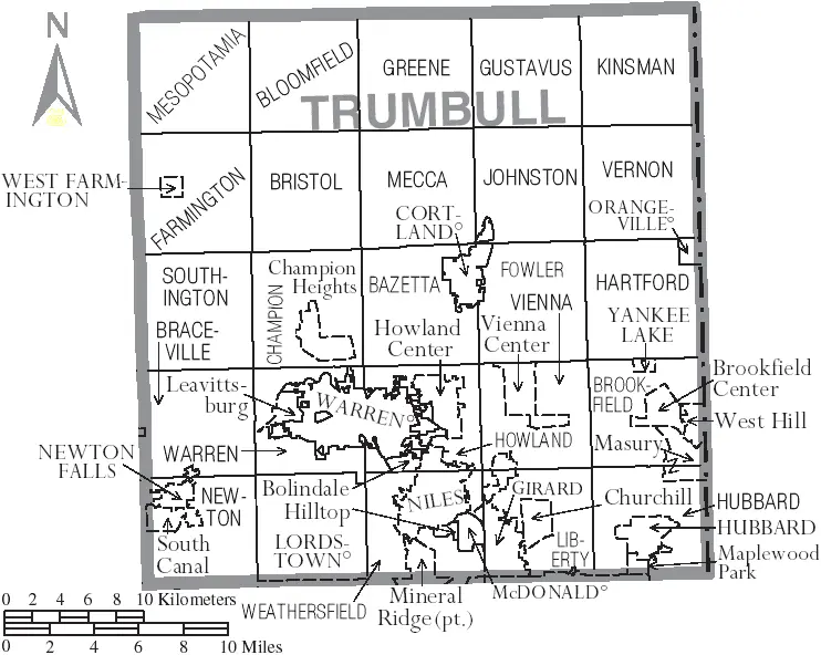 Map: Map of Trumbull County Ohio with Municipal and Township Labels