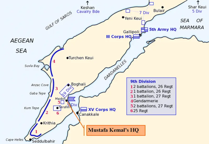 Map: Map of Turkish Forces at Gallipoli April 1915 Kemalshq