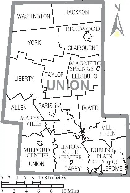 Map: Map of Union County Ohio with Municipal and Township Labels