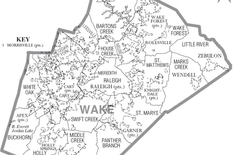 Map: Map of Wake County North Carolina with Municipal and Township Labels