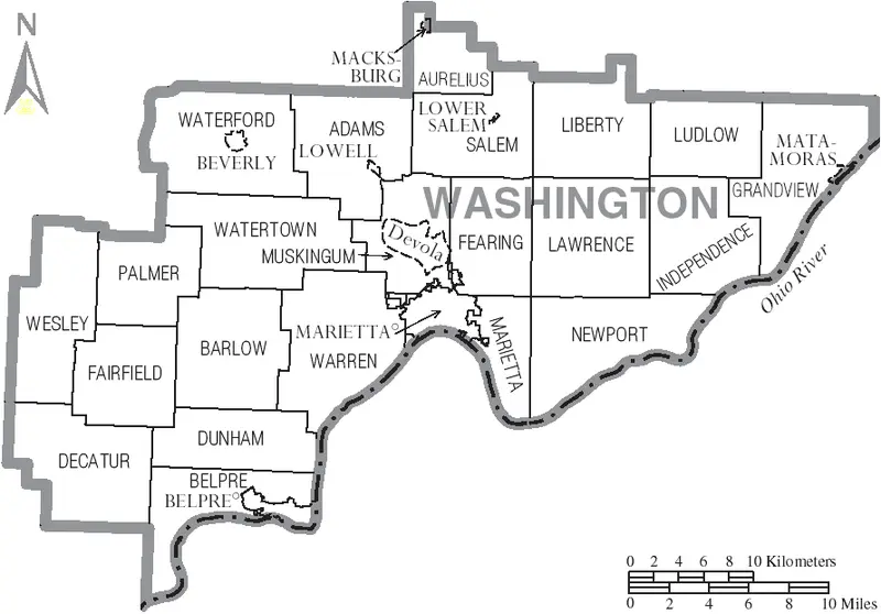 Map: Map of Washington County Ohio with Municipal and Township Labels