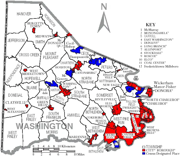 Map: Map of Washington County Pennsylvania with Municipal and Township Labels